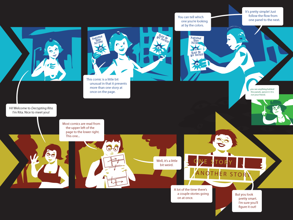 This comic is a little bit unusual in that it has several related stories presented on the same page. Each one is drawn in a different color palette. It makes a bit more sense when you look at the archives, where you can scroll horizontally through entire chapters.
